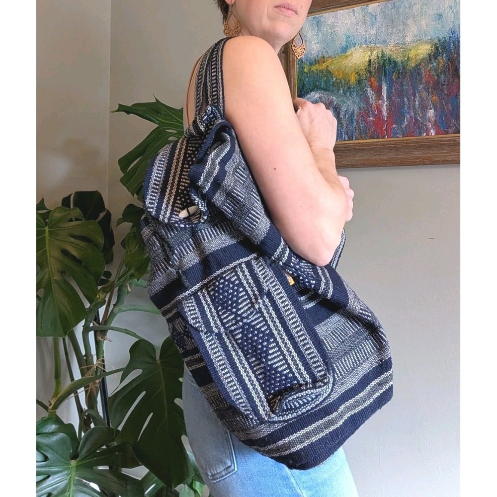 Pinzon Mexican Backpack Woven Blanket Hippie Boho Bag Fiesta Blue/black/white